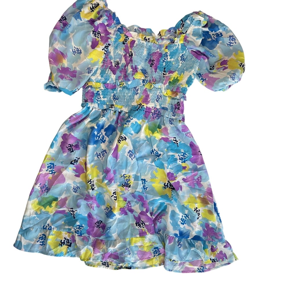 Umgee Girls Floral Smocked Dress Size S Blue Purple Puff‎ Sleeve Cottagecore NWT